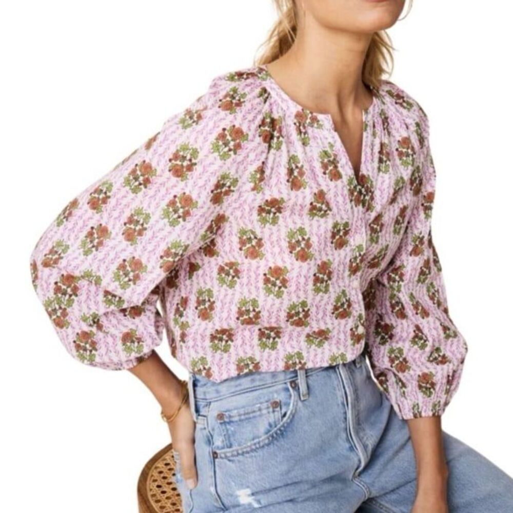 UNTUCKit Carrie Cotton Raglan Sleeve Blouse Pink Green Floral Medallion Size M